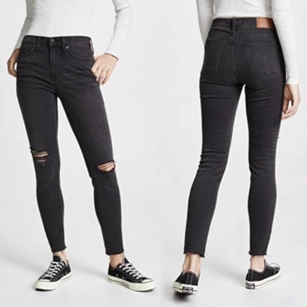 MADEWELL 9" Mid Rise Skinny Jeans Black Sea Distressed Stretch Denim Raw Hem 25